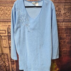 Just My Size Blue V-Neck Sweater with Floral Detail